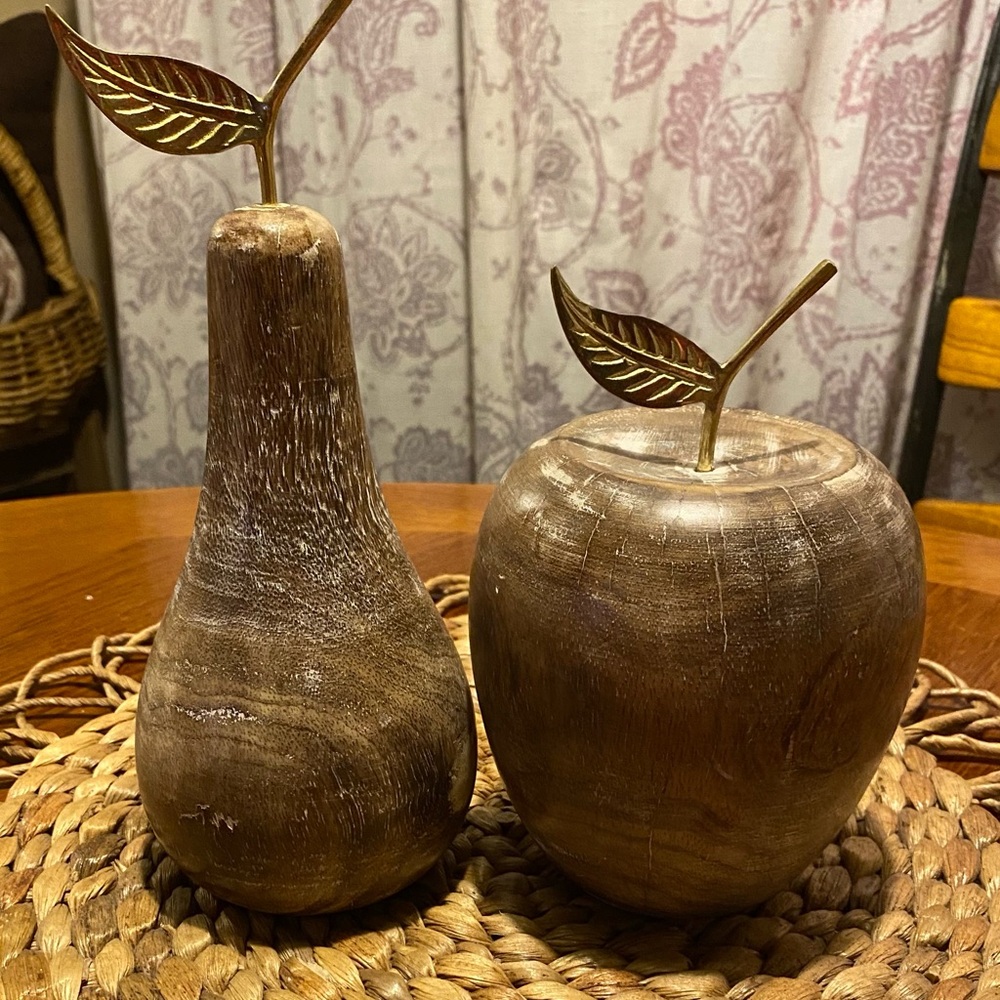 Bee & Willow Hand Crafted Wood Apple and Pear Standing Figurine Decor Set